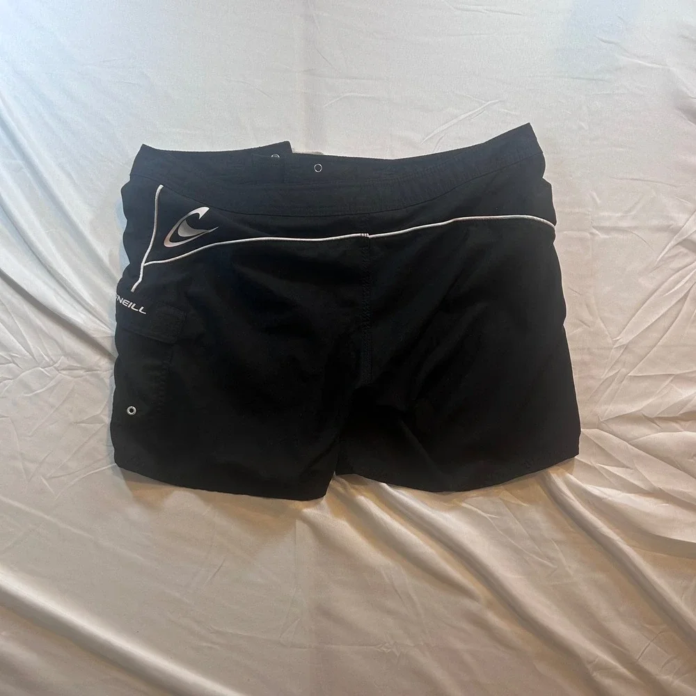 ONeill Mens Black Board Shorts Swim Trunks Size 11 Cargo Pocket White Piping